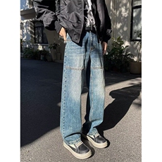 复古蓝色宽松直筒牛仔裤男街头潮流拼接设计感休闲长裤RK2480-P47，男装牛仔裤，星座412-3
