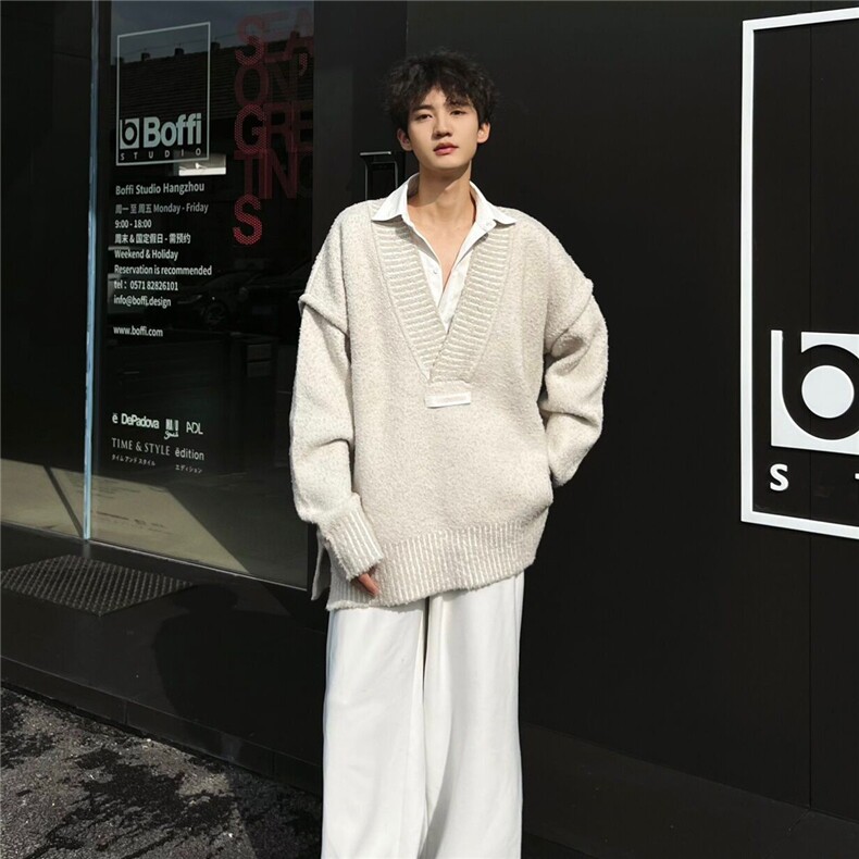 M28-P49 美式oversize毛衣男V领宽松休闲小众针织衫ins慵懒风图片