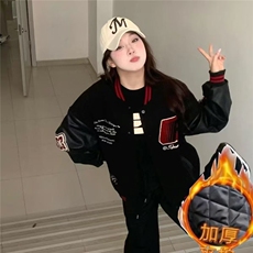 潮高街徽章刺绣pu皮拼接夹克男女青少年学生百搭潮流棒球服，男装夹克，四季星座505