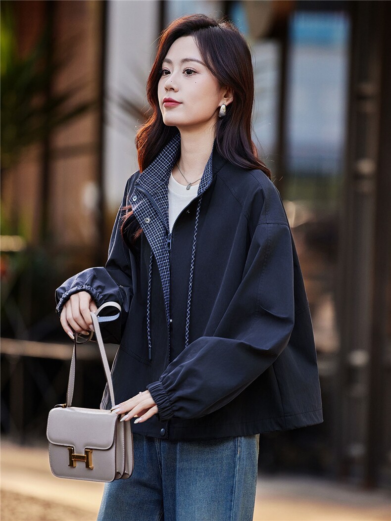 高级感格子拼接抽绳立领短款夹克外套女2025秋季宽松时尚洋气上衣,女装短外套,靓衣阁