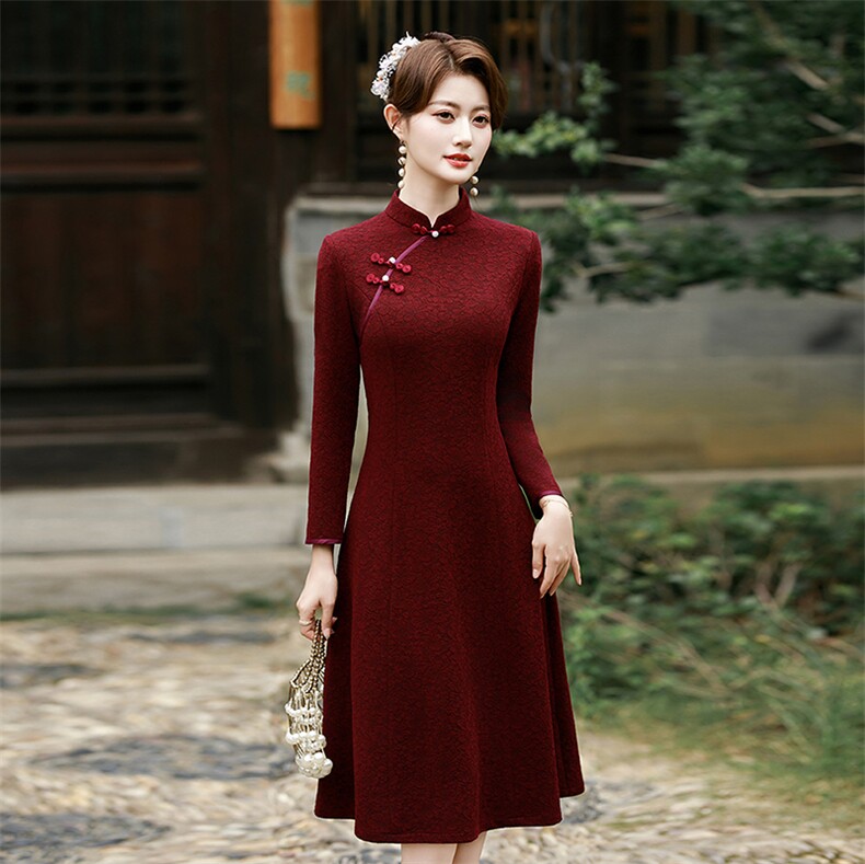 新中式风加厚弹力复合蕾丝提花长袖旗袍2553P135,女装汉服/婚纱/旗袍/礼服,乐衣轩