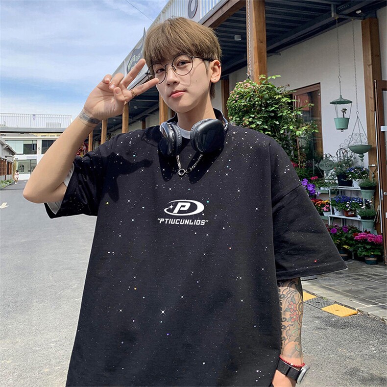 可48小时发货支持抖音得物来样二开美式满天星亮片短袖T恤MTX690,男装T恤,电商A486