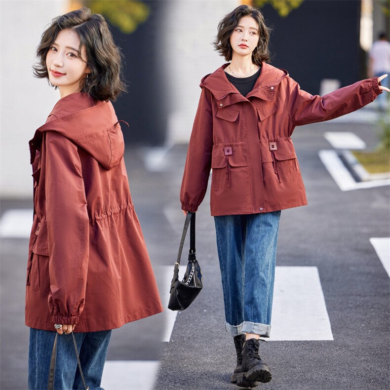 2024秋季新款短款工装外套女韩版宽松休闲连帽风衣大口袋冲锋衣潮，女装风衣，悦祺