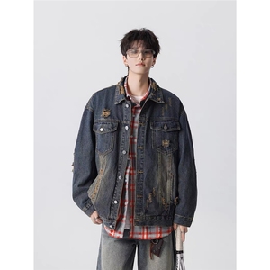 重工美式破洞牛仔外套男女春秋牛仔夹克翻领情侣上衣HHG52 P79图片