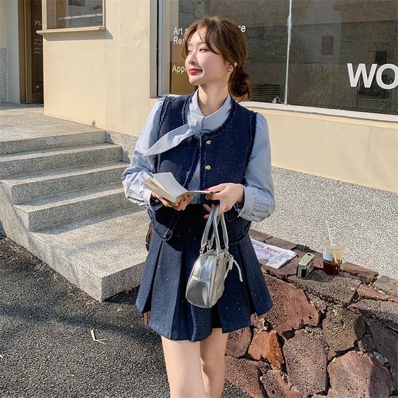 法式小香风衬衫马甲套装女2025年春季新款高腰显瘦半身裙三件套,女装套装/套裙,1D102-1