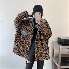 复古chic两面穿牛仔外套女冬加厚酷女孩穿搭兔毛气质豹纹大衣，女装短外套，潮品会