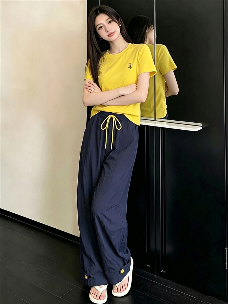女夏季新款韩版时尚休闲套装修身圆领黄色短袖上衣阔腿长裤两件套,女装套装/套裙,江南
