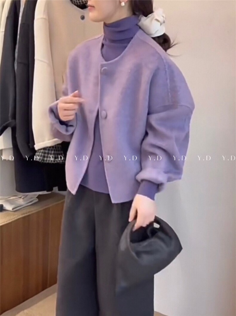 韩系短款秋冬新款圆领阔版显瘦单排包扣羊毛外套(含5.,女装双面呢大衣,依嘟服饰