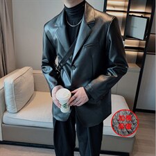 男士小众网红韩版复古pu皮西装宽松加棉加厚皮外套西装XZ036-P130图片