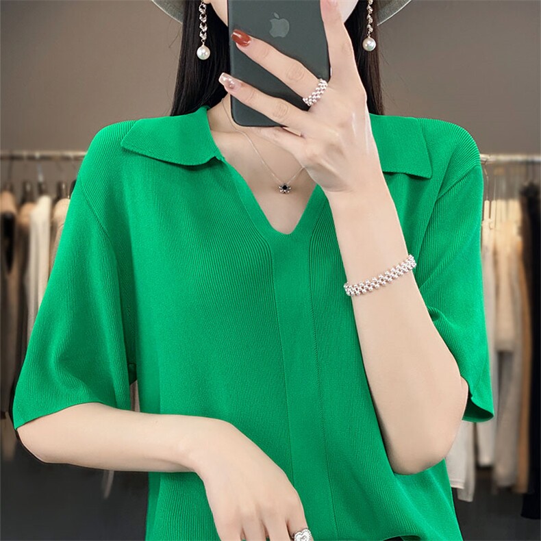 冰丝Polo领针织衫短袖女薄款打底衫夏季新款宽松半袖纯色t恤上衣,针织衫/毛衣,萱芳婷羊绒