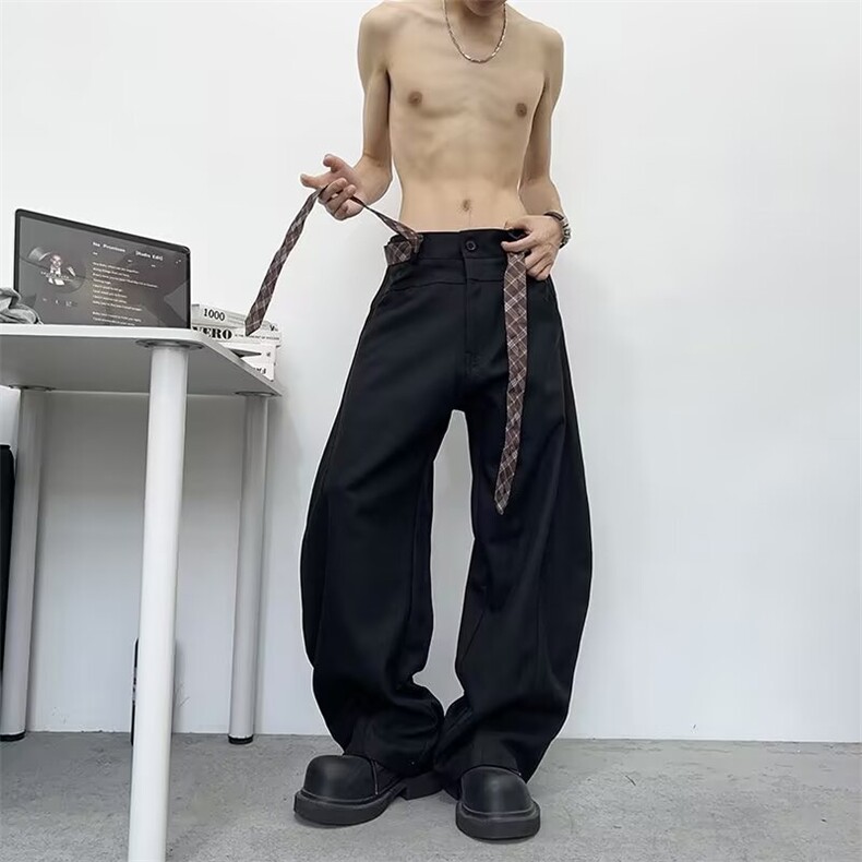 美式复古设计感领带弯刀微喇西裤宽松垂感休闲裤高级感,男装西裤,四季星座505