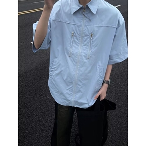 格纹肌理痞帅花衬衫男士2024春夏季宽松休闲短袖衬衣外套男图片