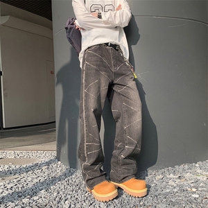 美式高街cleanfit风格重磅水洗黑灰微喇版型牛仔裤泼墨毛边长裤男图片