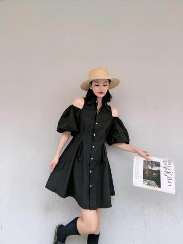 韩版漏肩泡泡袖连衣裙，女装连衣裙，玩美