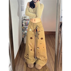 有货。。小狗刺绣卡其色牛仔裤女宽松垂感阔腿长裤K6950-特批P47，男装牛仔裤，星座412-3