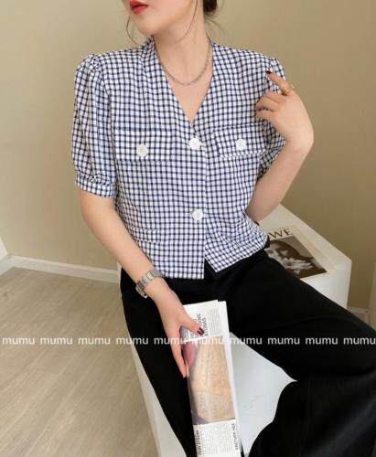 时尚休闲格子上衣，女装，沐·沐