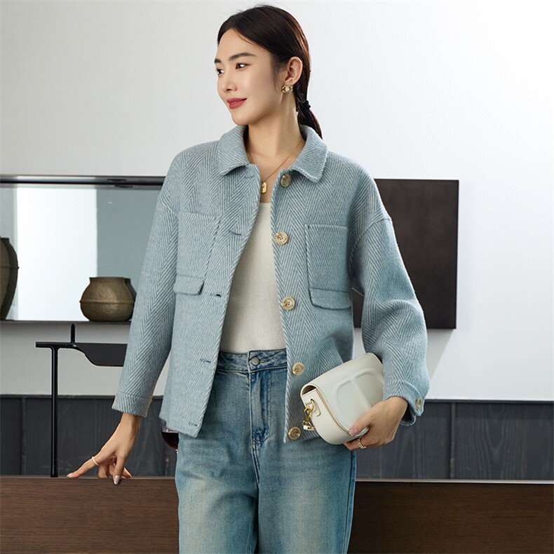 时尚百搭女士双面呢外套75%羊毛保暖显瘦秋冬必备单品，女装双面呢大衣，岳达羊绒