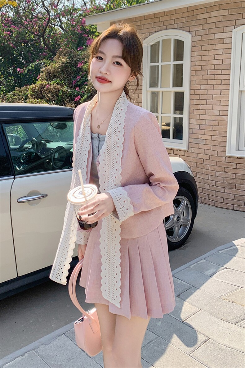 温柔粉色甜美小香风套装裙女2025早春新款毛呢短外套百褶裙两件套,女装套装/套裙,2D045