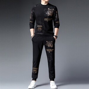 男士套装搭配帅气秋季成熟印花圆领中年运动休闲跑步两件套卫衣图片