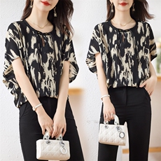 2024夏季新品洋气透气雪纺印花小衫，女装蕾丝衫/雪纺衫，余墨