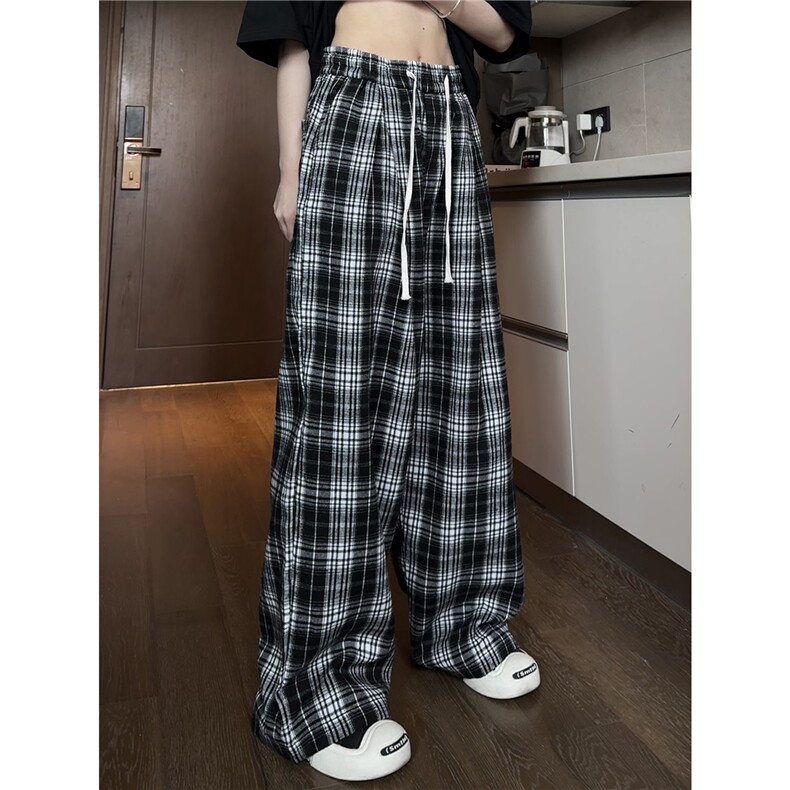 简约高级感格子阔腿裤男女新款夏季高腰直筒休闲裤拖地裤D502/P45,男装休闲裤,星座206（原A221）
