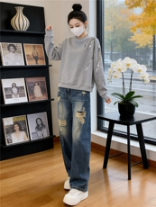 高级感时尚潮流套装女春新款修身显瘦圆领刺绣上衣牛仔长裤两件套，女装套装/套裙，江南
