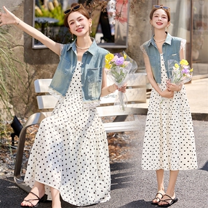 牛仔马甲波点吊带连衣裙两件套女2025夏季新款减龄蕾丝拼接套装裙图片