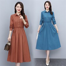 高档长袖棉麻连衣裙女2023秋季新款气质收腰显瘦休闲百搭纯色裙子，女装连衣裙，鑫思依格