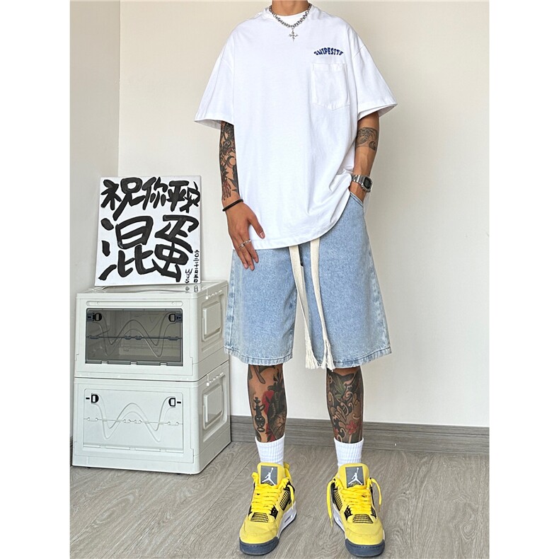 抖音品质夏季新款大粗抽绳港风休闲牛仔五分裤B315-K5036-P45控55图片