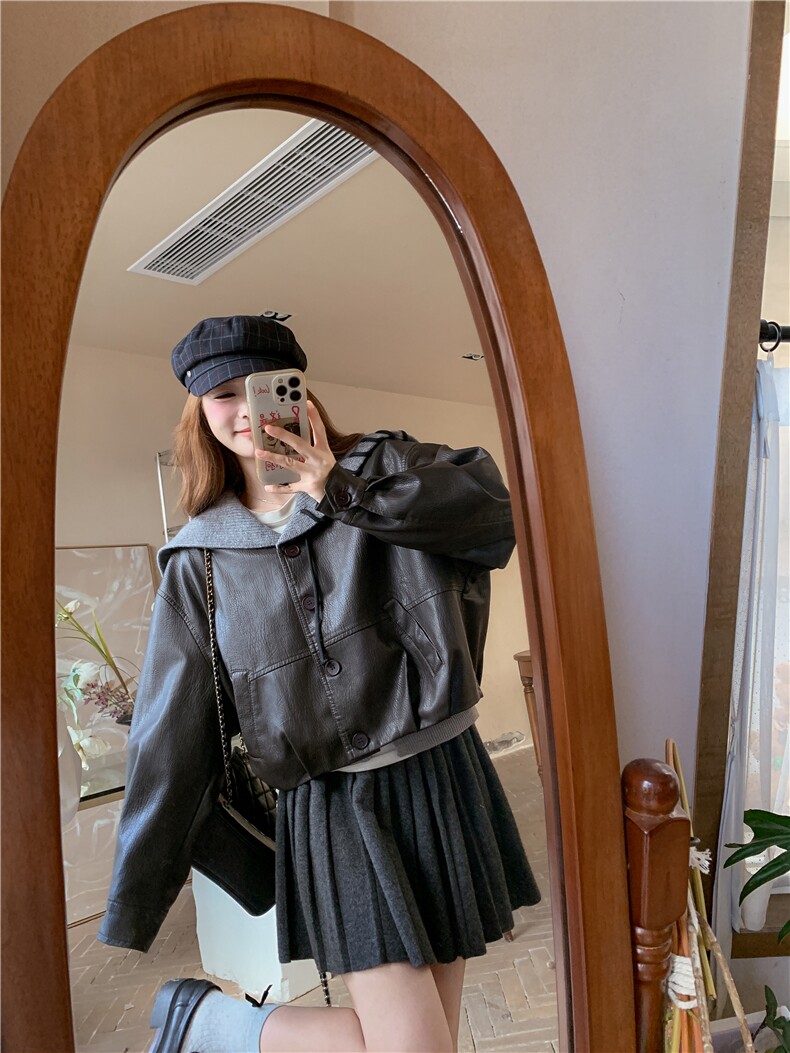 春现-设计款假两件大针织连帽小皮衣B190-5065-P165-K228,女装短外套,2B190