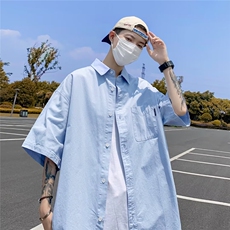 抖音品质夏款男短袖衬衫纯棉纯色五分袖宽松衬衣CS316P35，男装衬衫，星座1013-1
