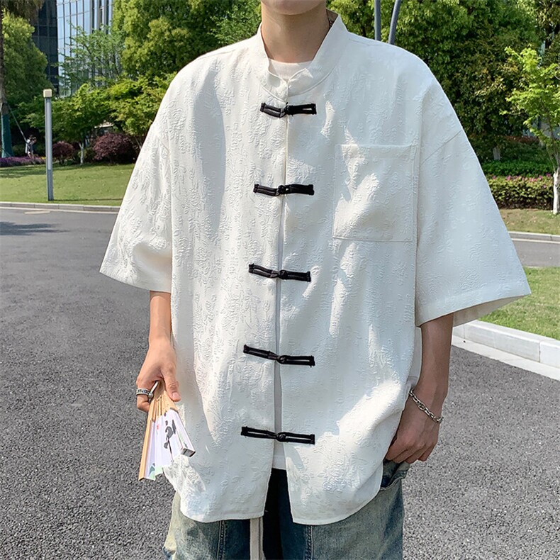 2026夏新款潮男新中式碎花盘扣短袖五分袖衬衫 CS380/特P35 白色3图片