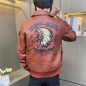 JK051-P110控138秋冬季刺绣翻领皮衣外套男士美式潮流机车服夹克图片