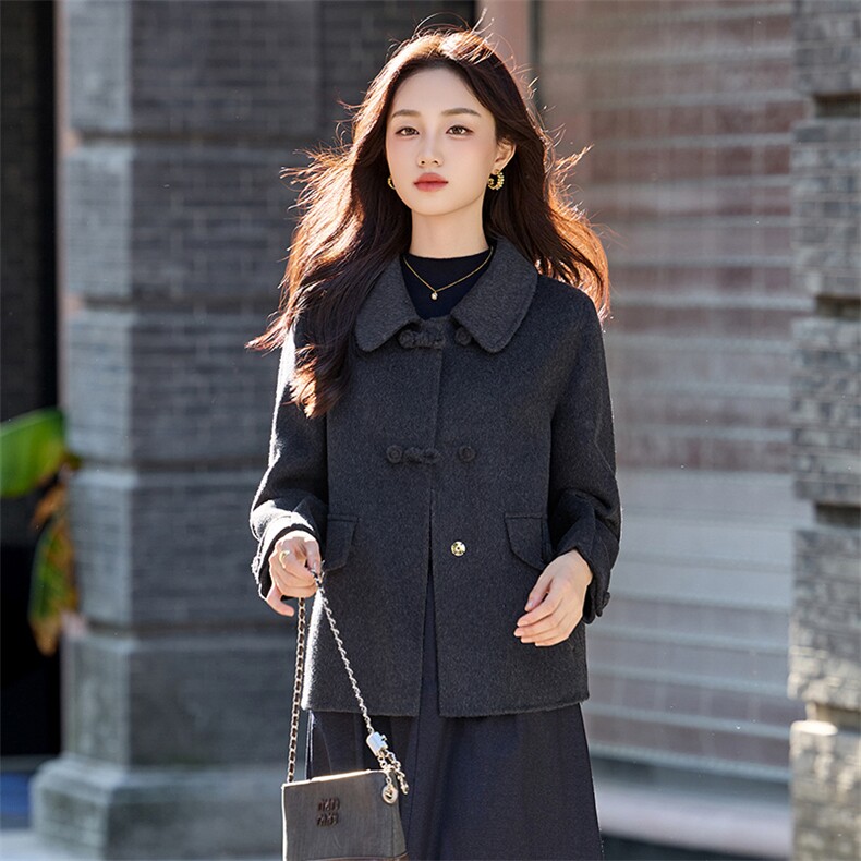 高级感红色毛呢外套女短款2025秋冬新款小个子翻领减龄双面呢大衣,女装毛呢外套,涵亦佰惠