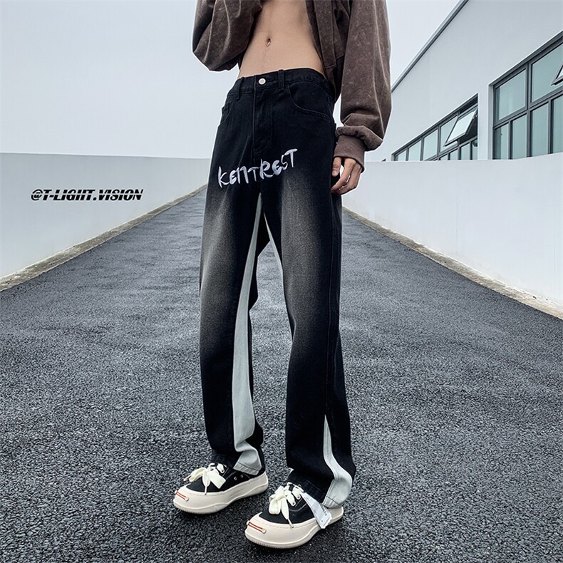 B221 美式ins高街小众刺绣拼接直筒牛仔裤 LK23034-P65 控88图片