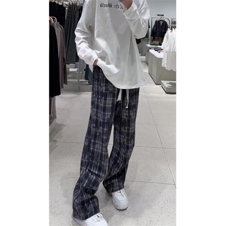 小众格纹百搭阔腿裤美式条纹高级感拖地直筒长裤KZ9963特P38,男装休闲裤,星座908-1