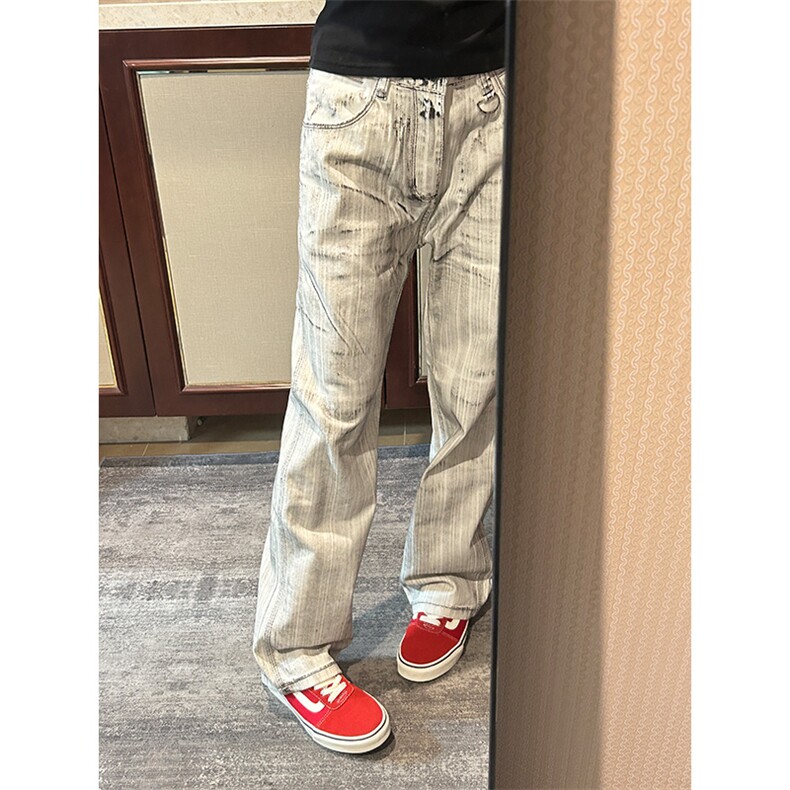 【有货】N1013LL-特P50水墨做旧牛仔裤男白色微喇脏脏裤子,男装牛仔裤,星座1007（原301D）