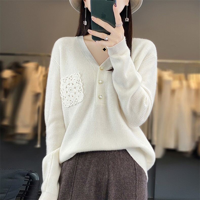 秋冬V领长袖羊毛针织衫女韩版宽松时尚百搭上衣内搭毛衣,女装羊毛衫,江南羊绒