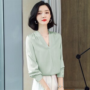 白色真丝衬衫女长袖时尚洋气V领大牌重磅桑蚕丝上衣2024秋季新款图片