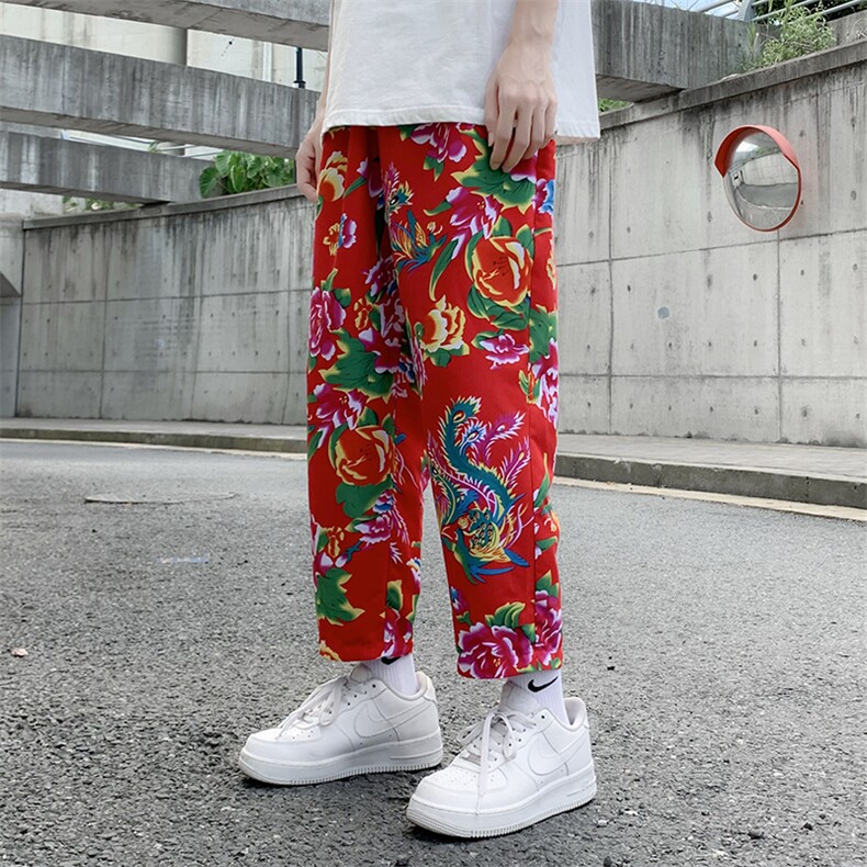 XK01夏秋东北大花风休闲小西裤九分民族风牡丹花修身潮男,男装休闲裤,星座115A(原星座507）