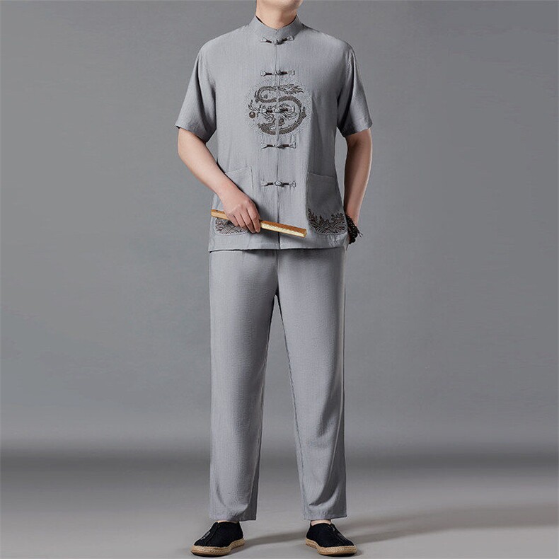 风高品质刺绣提花唐装男装夏季透气中老年人中式汉服爸爸套装,男装休闲套装,钱塘6003（原4033）