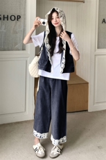 时尚牛仔套装女2025夏季新款蕾丝拼接连帽马甲小个子阔腿裤两件套，女装套装/套裙，2C133