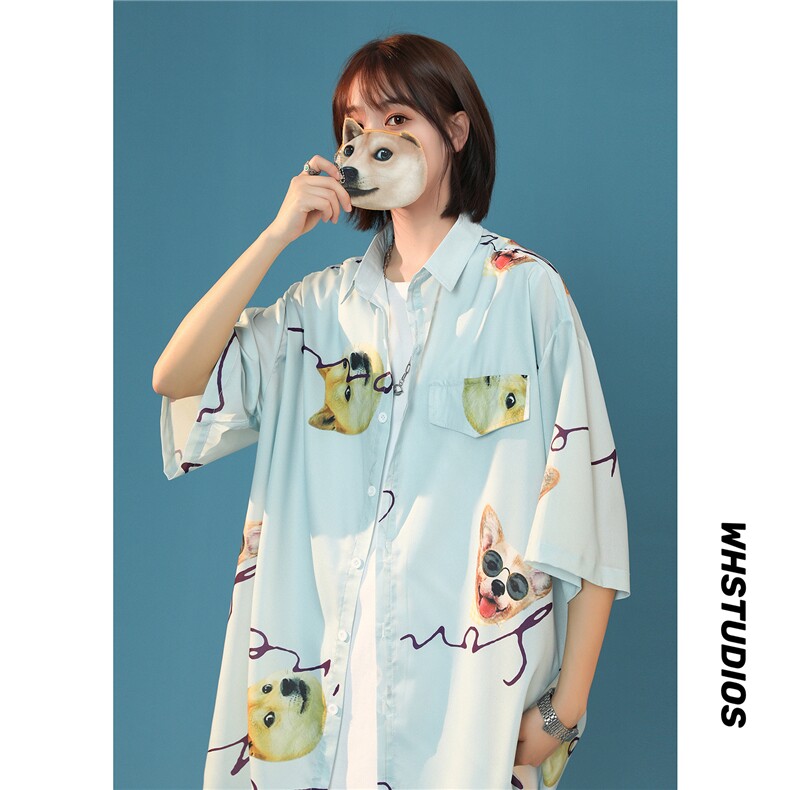 2024夏季新款动物图案情侣宽松百搭短袖衬衫A158-CS610-P45控58，男装衬衫，电商A158-1