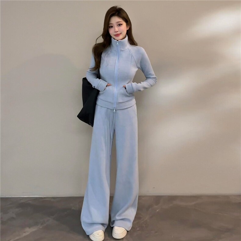 时尚减龄女春季气质休闲套装高级感穿搭立领开衫外套阔腿裤两件套图片