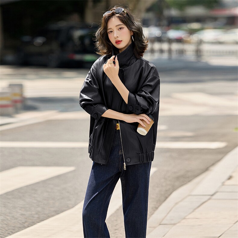 海宁皮衣女外套2025春秋新款时尚皮夹克时尚休闲宽松显瘦上衣,女装皮衣,江南女神