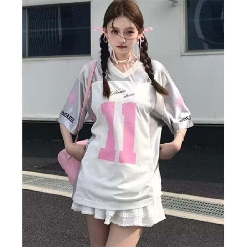 t恤男女oversize夏季银色网纱拼接字母球衣缎面V领上衣TS400,男装T恤,星座1116A（原606A-3）
