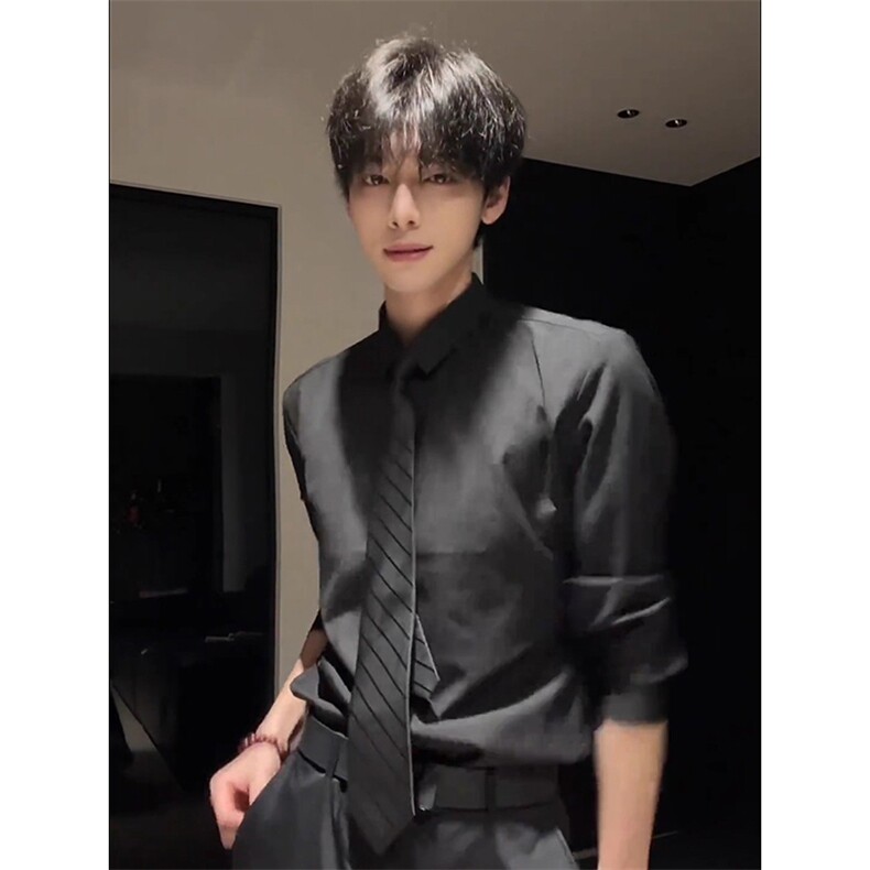 抖音得物二开高品质秋冬中性风冰丝休闲长袖衬衣垂感宽松上衣W88，男装衬衫，电商A486-1