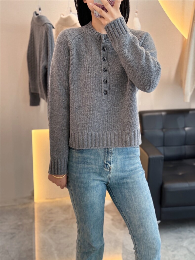 纯山羊绒圆领插肩短款带扣子宽松简约风加厚针织毛衣,女装羊绒衫,大千羊绒