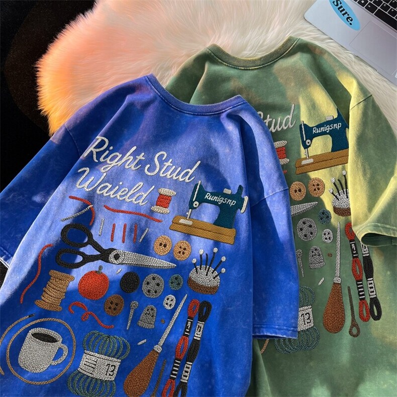 水洗做旧纯棉短袖T恤男夏季潮牌植绒印花宽松痞帅学院风半袖体恤,男装T恤,星座517A-2