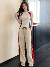 韩版时尚休闲套装女夏季新款高级感圆领撞色拼接上衣阔腿裤两件套，女装套装/套裙，江南